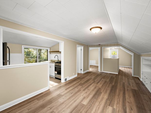 The upper suite, from the living space toward its kitchen