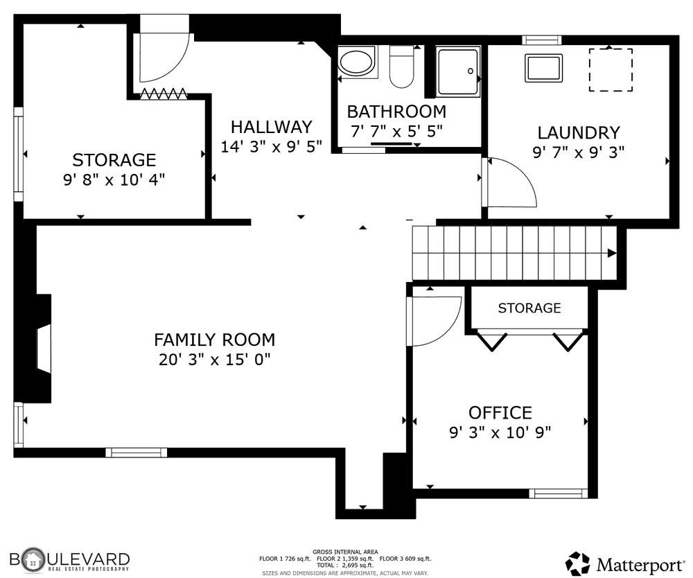 Lower level floor plan of 2338 15th Ave E, North Saint Paul, with each room labelled and measured
