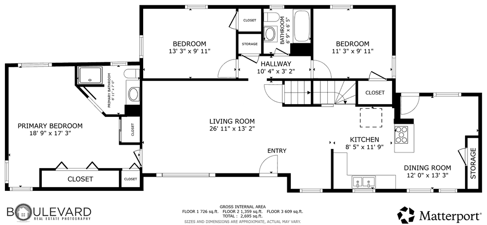 Main level floor plan of 2338 15th Ave E, North Saint Paul, with each room labelled and measured