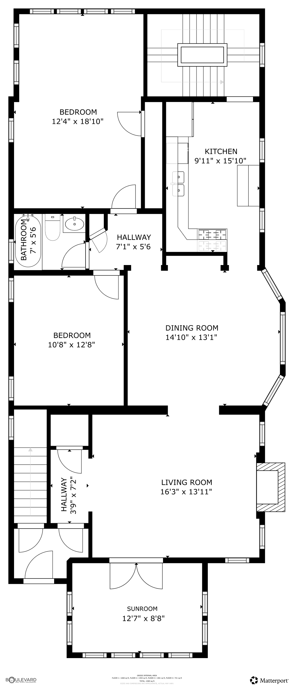 Lower unit floor plan of 2731 Fremont Avenue S, Minneapolis, with each room labelled and measured